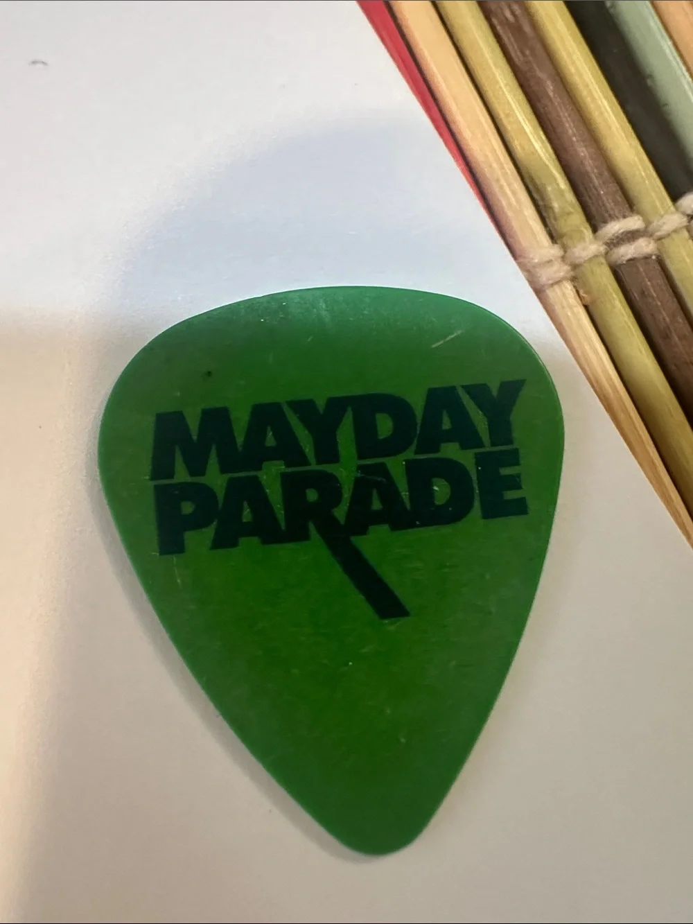 Mayday Parade Brett Brooks Printed AutographGreen Guitar Pick - Branded Logo Pic
